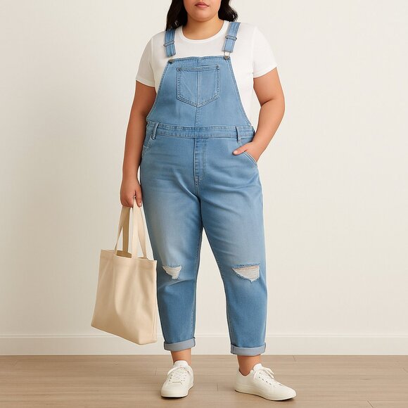 Light Wash Denim Overalls Plus Size 14 – Distressed Crop Bib Jumpsuit NWOT Plus - Picture 1 of 6